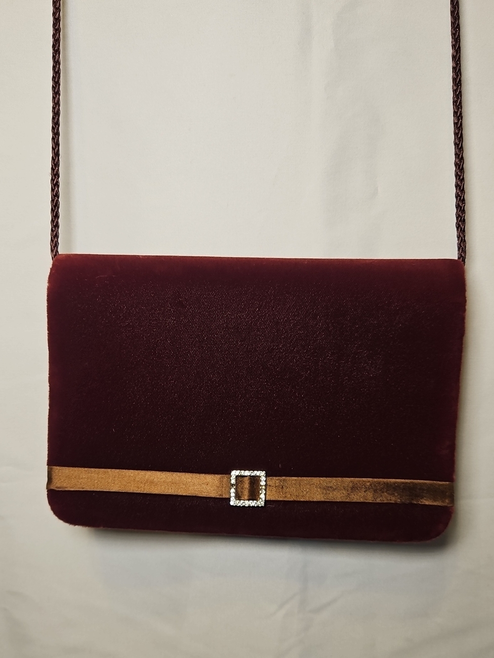 K1 Burgundy Velvet Evening Bag Rhinestone Buckle Shoulder Purse Vintage Style